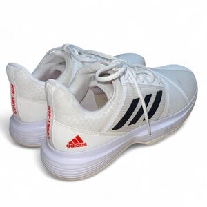 Adidas Men’s CourtJam Bounce Tennis Shoes White with Black and Orange Accents